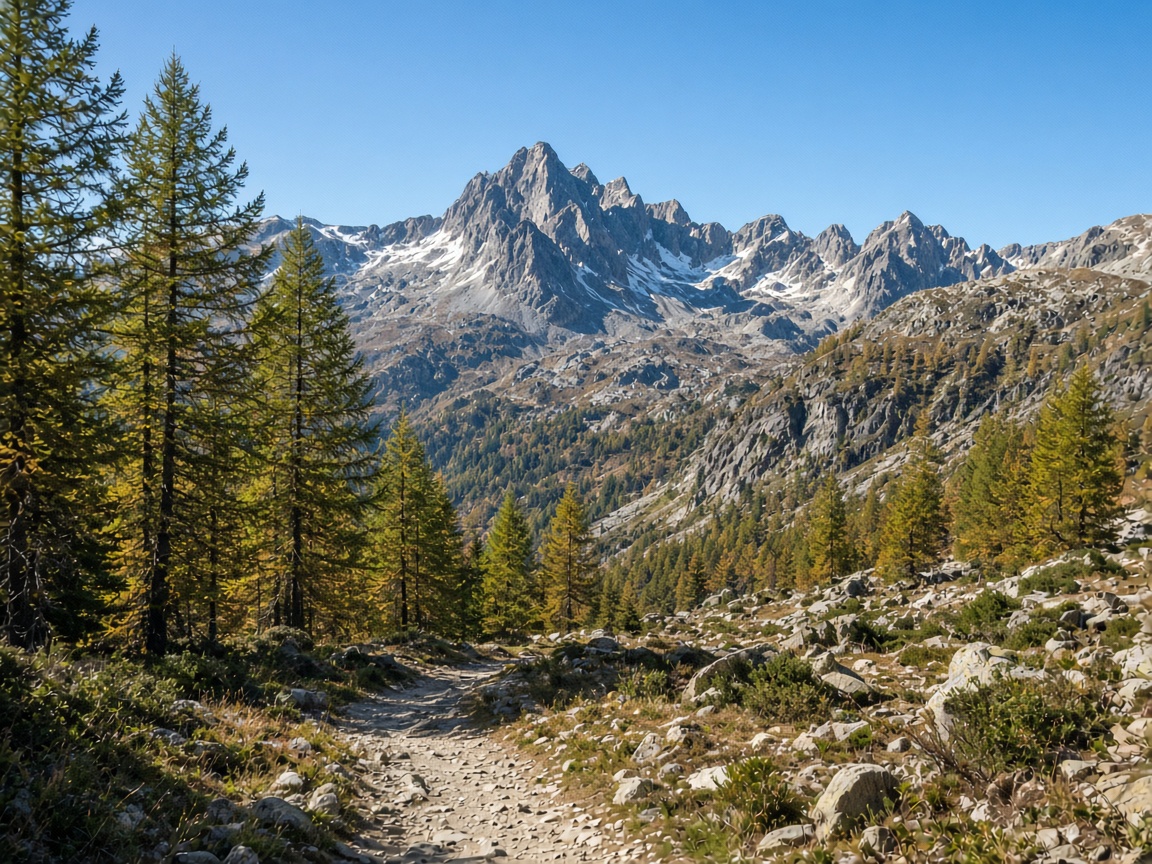 Sentiero alpino in Piemonte con bosco e montagne