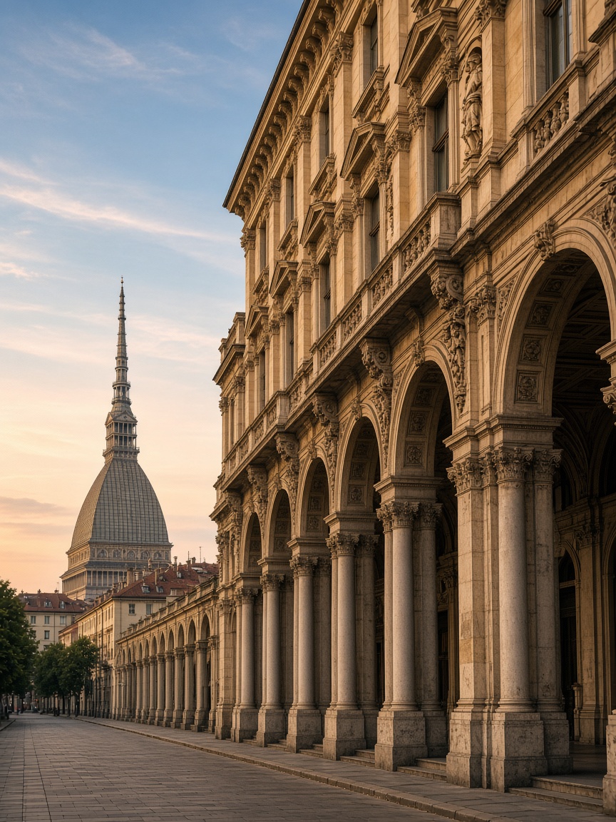 Portici e architetture monumentali di Torino con la Mole Antonelliana sullo sfondo