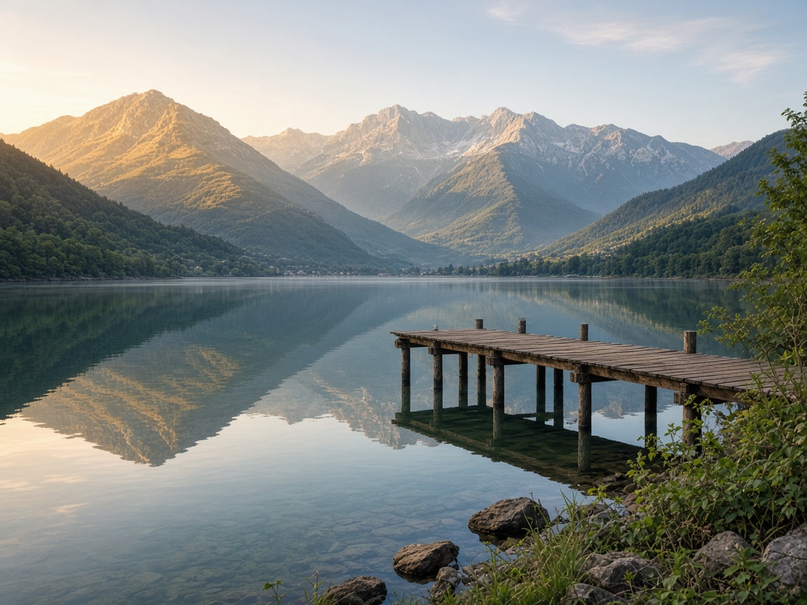 Lago alpino in Piemonte con pontile e montagne
