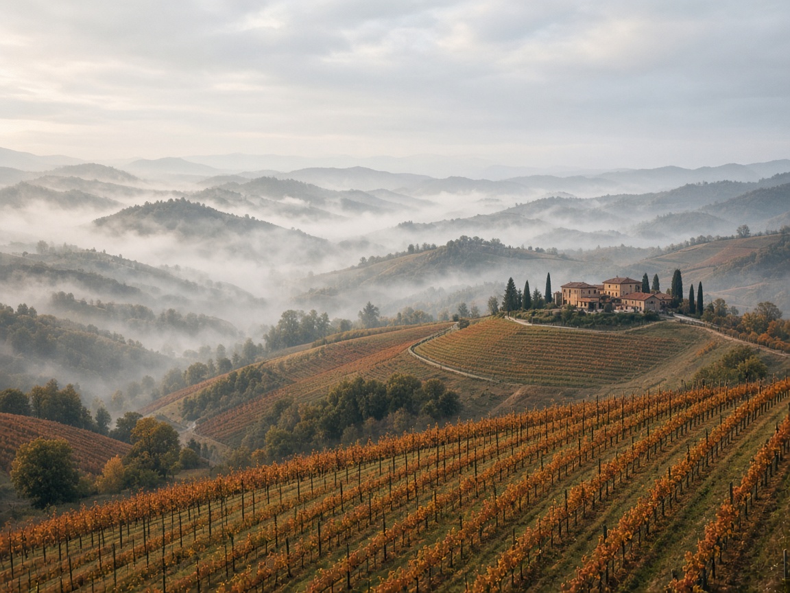 Colline vitate delle Langhe in Piemonte al mattino